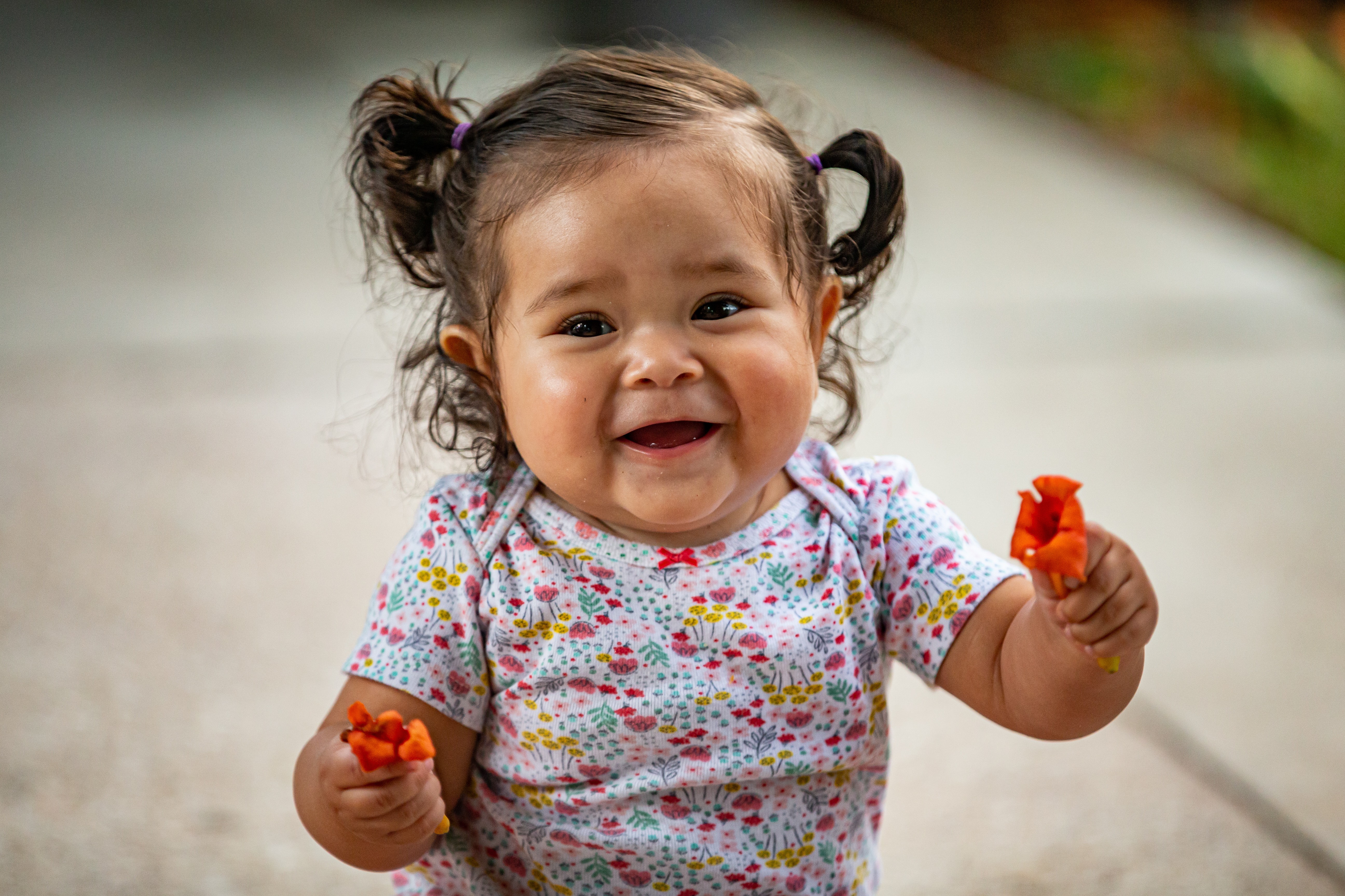 Baby girl sitting up with flowers in her hand and 2 ponytails