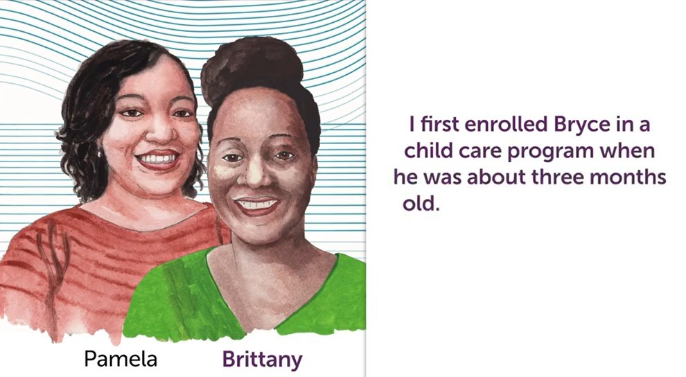 Split visual: An illustration of Black women standing side by side one the right and a quote from the audio on the left