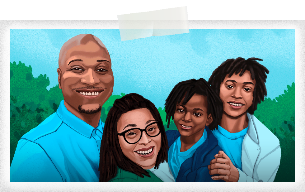 A FAC member (woman) with her husband and two sons in a family portrait designed illustration